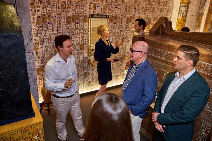 a group of people standing in a room